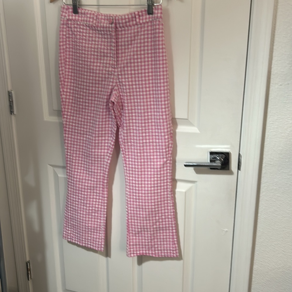 GUESS Women's Pink & White Vichy Gingham High-Rise Cropped Pants M